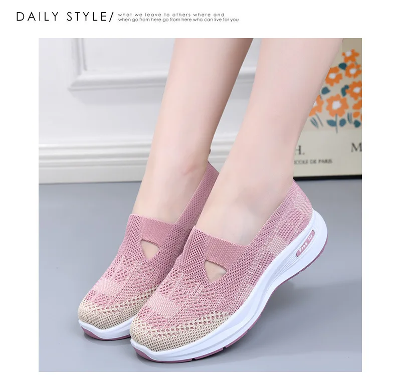 Damen-Slipper aus hohlem Netzstoff, atmungsaktiv, gestrickt, dicke Plattform, leicht, rutschfest, lässige Loafer für Mütter, Senioren, Outdoor – Detail 10