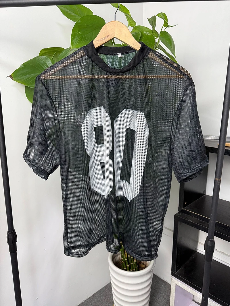 Herren 80 Nummer Bedrucktes Mesh T-Shirt Lässiges Kurzarm-Rundhals-Shirt Durchsichtiges Streetwear Übergroßes Fußball-Trikot-Stil Oberteil – Detail 10