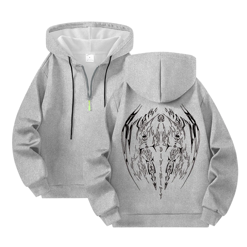 Moletom preto com capuz e meio zíper com estampa de diabo alado estilo de rua hip-hop solto e casual outono/inverno pulôver masculino