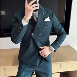 (Jackets+Pant) Latest Design Double Breasted Men Suit Dark green Groom Wedding Stage Tuxedo Man Slim Fit Business Social Suits