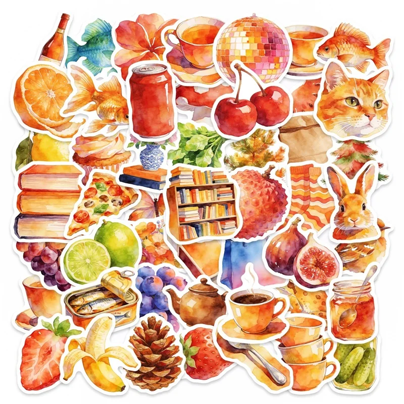 

10/30/50PCS Watercolor Food Fruit Sticky PVC Sticker Stationery DIY Laptop Luggage Skateboard Decoration Scrapbooking for Kids