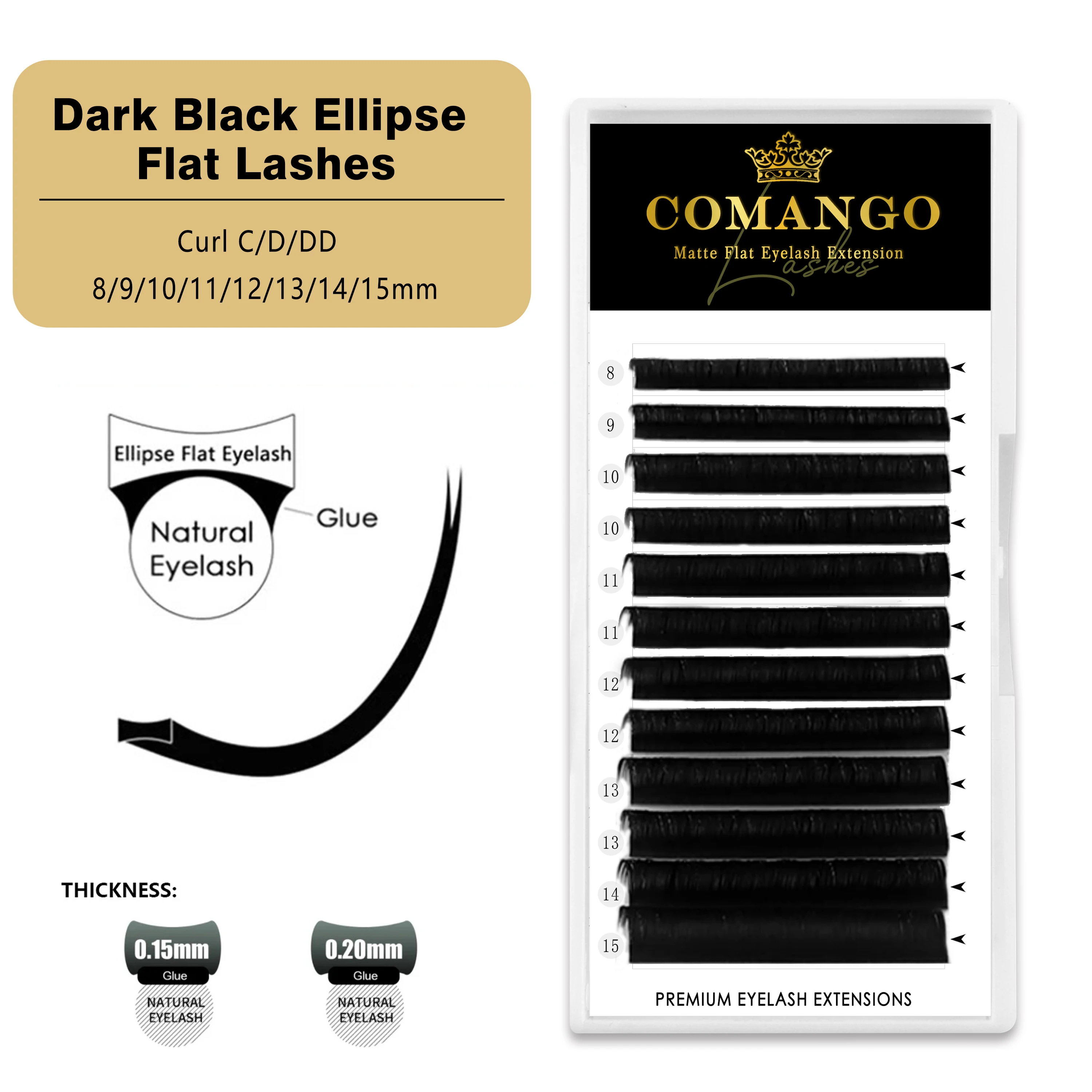 CoMango Ellipse Flat False Eyelash Extension Semi-permanent Black Natural Soft Split-tips Classic Individual Faux Mink Wires