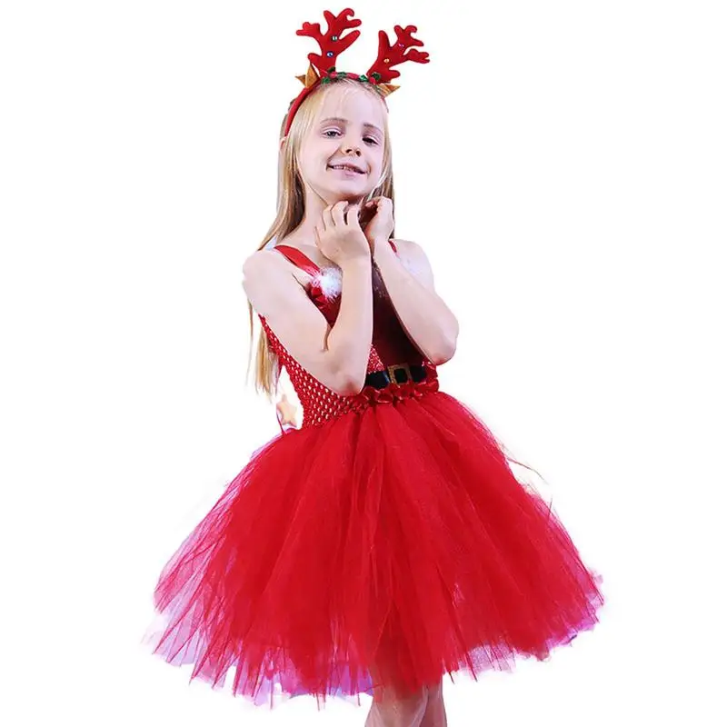 Christmas Dresses For Girls Sleeveless Tutu Princess Dress Baby Toddler Girls Party Dress With Antler Headband For Christmas