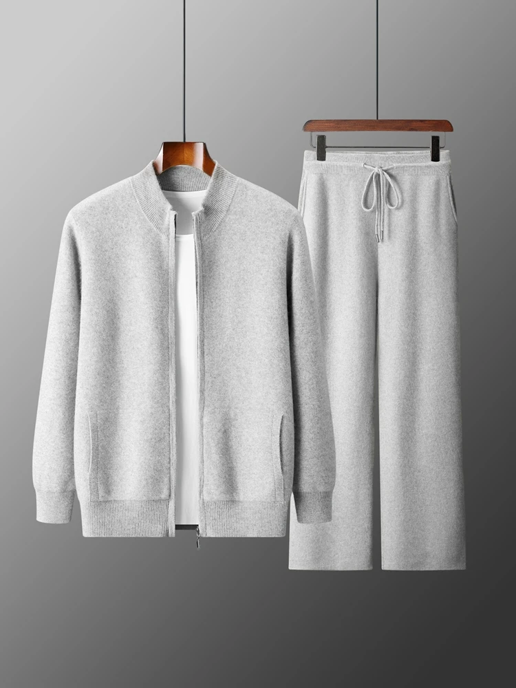 

CHICUU Men's 100% Wool Knit Set Zipper Cardigan Coat Wide Leg Pants Autumn Winter Thick Warm Cashmere Knitwear Sweater Trousers