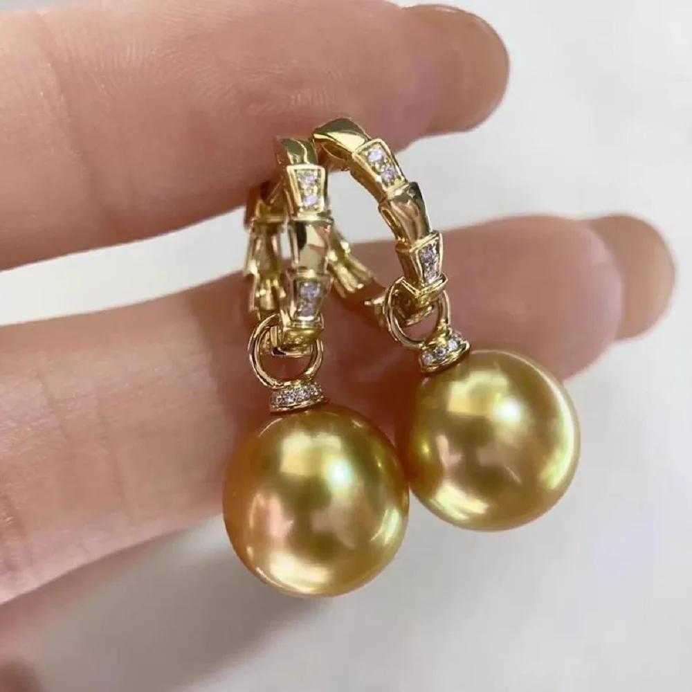 

Fashionable and gorgeous AAA 10-11 mm natural South Sea round gold pearl earrings 925s