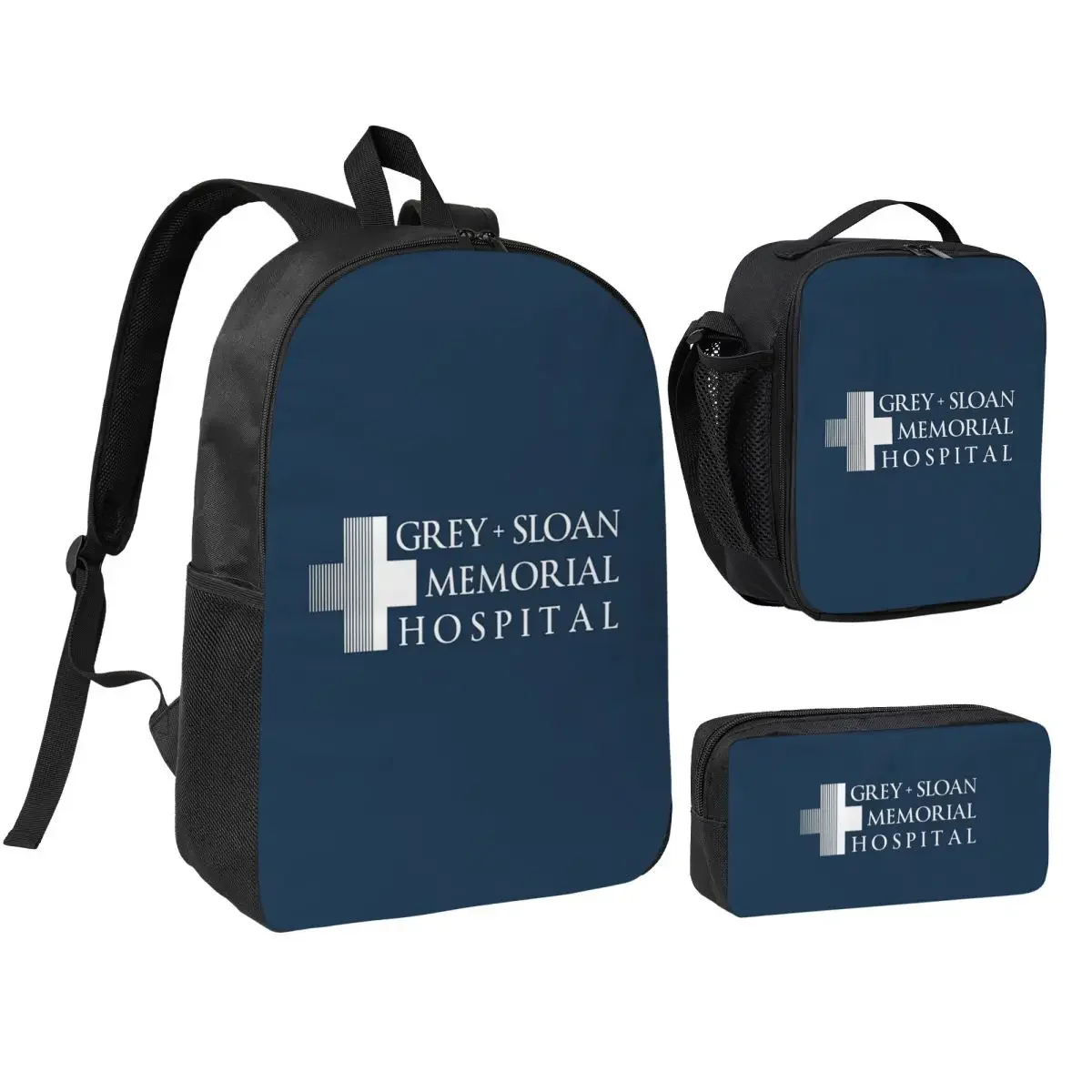 Grey + Sloan Memorial Hospital Logo White Print Backpack BookBag School Bag Computer Shoulder Bags 3ps Lunch Bag Pencil Case