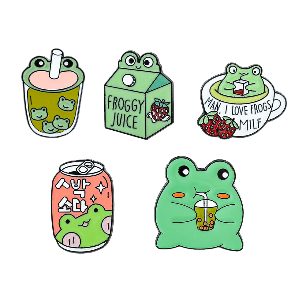 Cartoon Drinks Milk Tea Frog Enamel Pin Cute Animal Frog Metal Badge Brooch Clothing Backpack Lapel Pin Jewelry Accessories Gift