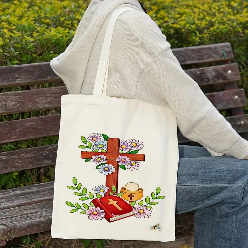 

1pc Large Capacity Religious Floral Tote Bag - Bag with Cross for Church, Everyday Use, Gift Giving Large Shopping Tote Bag
