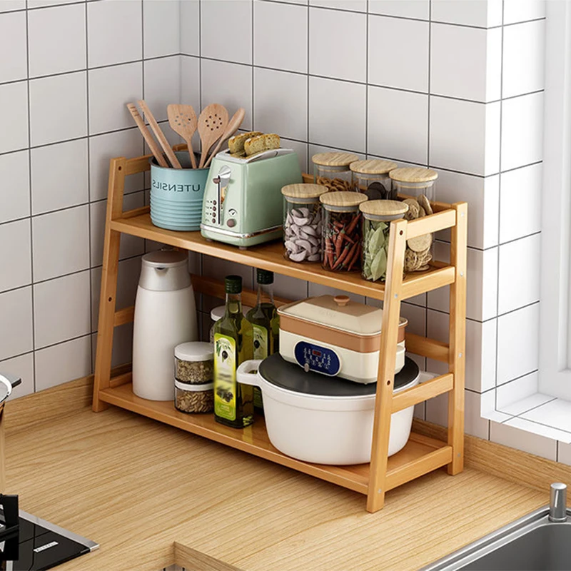 2-Layers Kitchen Multifunctional Storage Rack Oil Bottle Seasoning Microwave Oven Solid Wood Durable Storage Rack Stable Sturdy