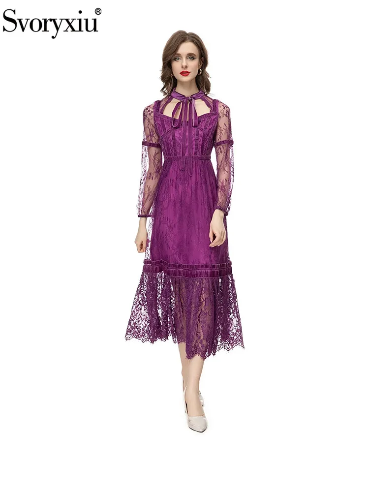 

Svoryxiu Fashion Runway Autumn Purple Vintage Elegant Midi Dress Women's Stand Collar Net Yarn Lace High Waist Long Sleeve Dress