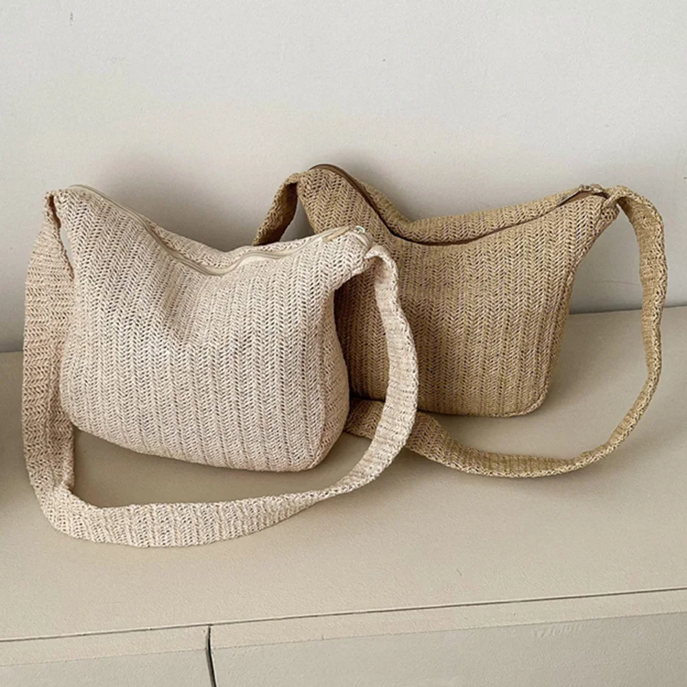 

Summer Straw Woven Bag Handmade Woven Crossbody Bag Fashion Casual Simple Portable Solid Color Elegant Soft for Seaside Holiday