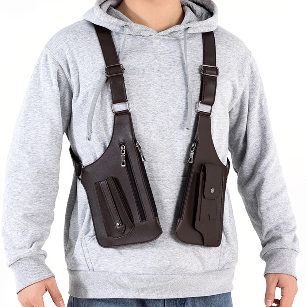 PU Leather Double Shoulder Strap Multi-Pocket Outdoor Anti-Theft Tactical Bag High Quality Waterproof Men's Chest Bags Phone Bag