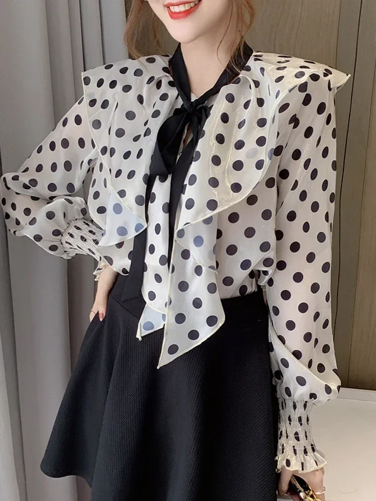 Spring French Polka Dot Blouse Design Sense Ruffled Slim Sweet Streamer Age-reducing All-match Chiffon Shirt Tops Female D0352