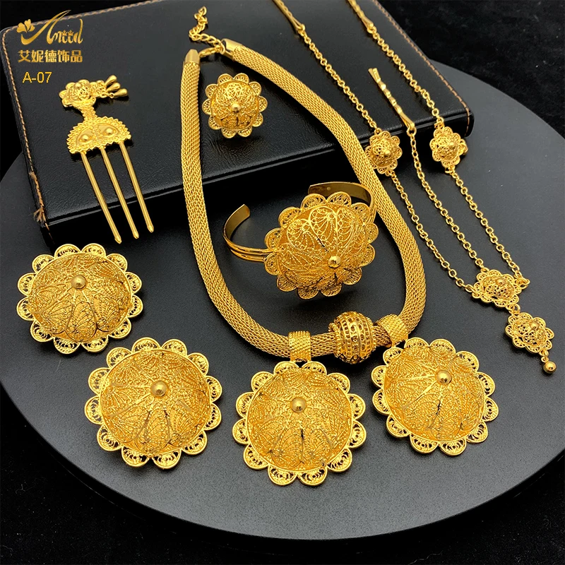 ANIID Ethiopian Gold Color 6pcs Jewelry Sets For Women Dubai Flower Shape Nigerian Luxury Necklace Jewellery Set Wedding Gifts