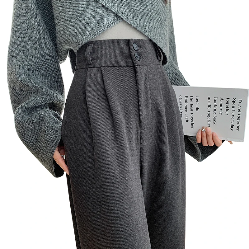 Thick Autumn Winter Woolen Straight Leg Pants Two Buttons Fashion High Waist Wide Leg Pocket Trousers 2025 New Trendy