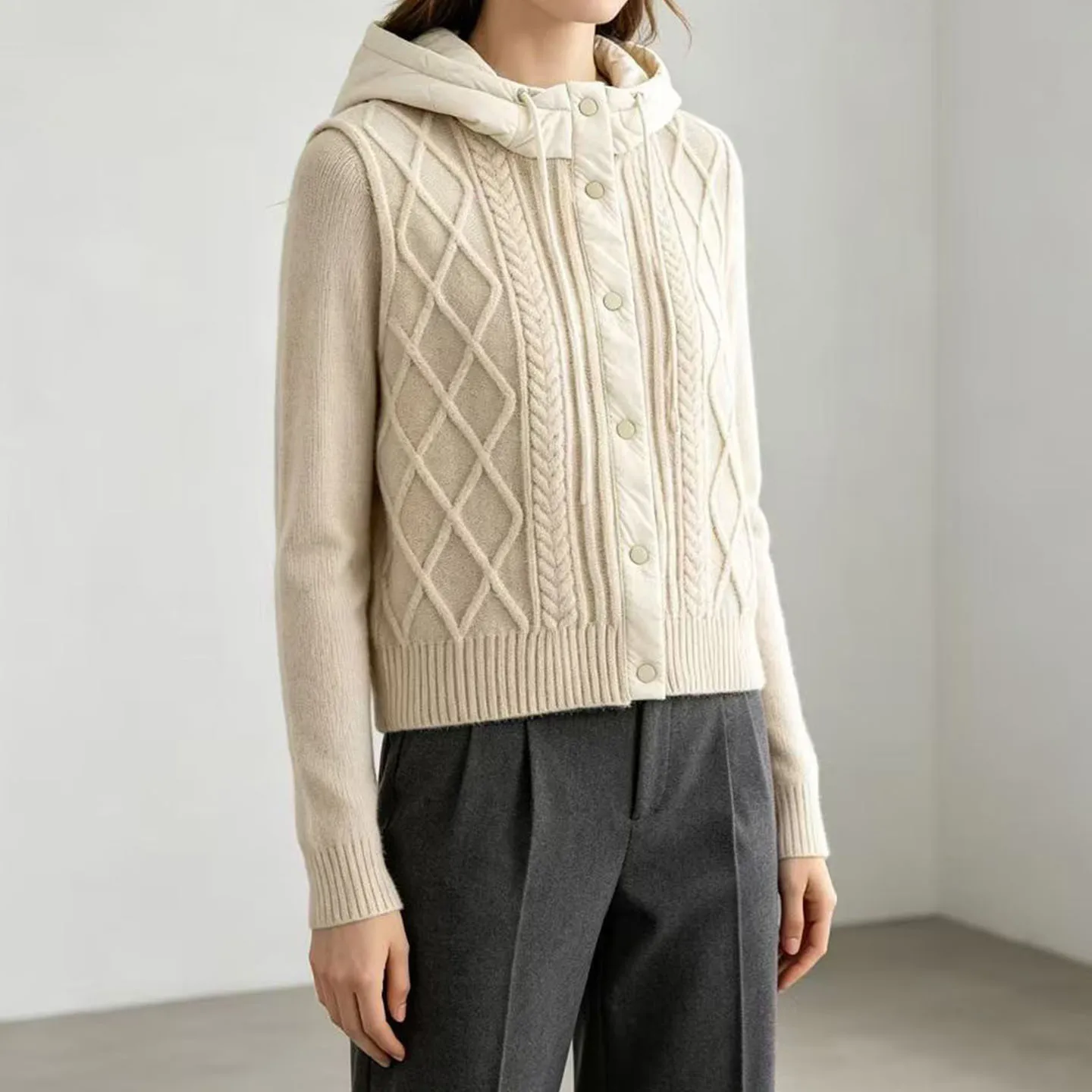 Fashionable Retro Multi-Color Braided Hooded Splice Open Cardigan Vest Women's Autumn Wear ZADATA Brand Outerwear Single Button