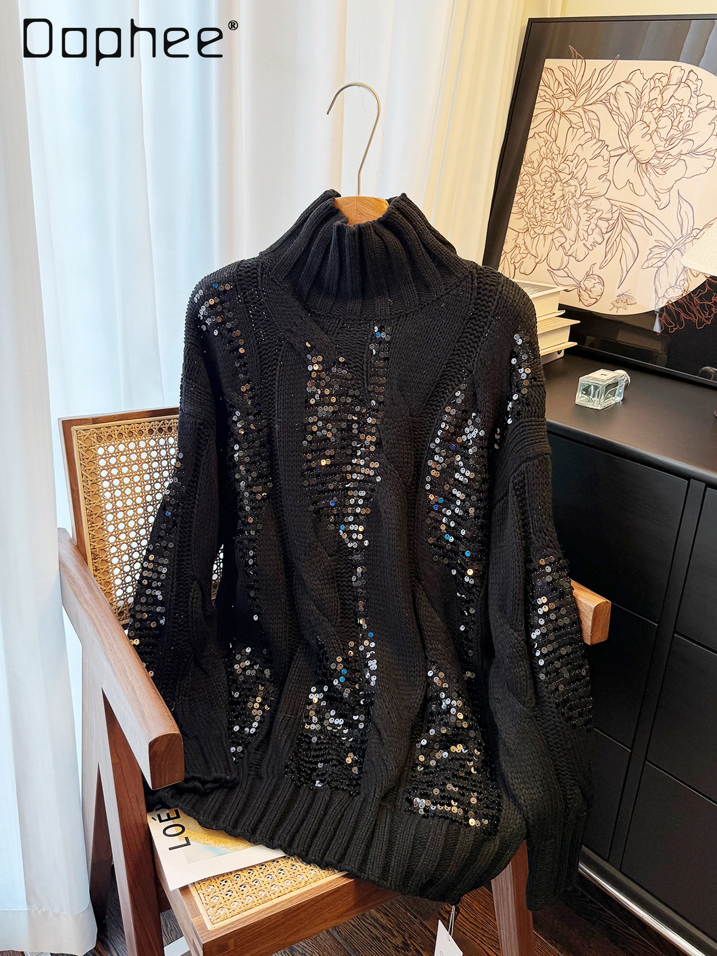 

Black High Neck Heavy Sequin Hollow Knit Sweater Women 2025 Winter New Korea Fashion Loose Casual Thicken Warm Pullover Top
