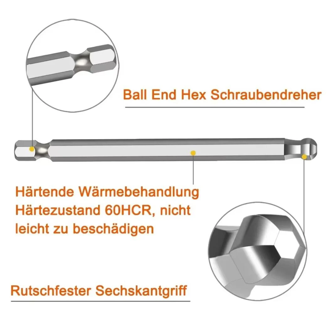 Ball End Hex ไขควง Bits ชุดเมตริก Allen Hex Bit 100 มม. ยาว Magnetic Ball Head Driver BitH10, H8, H6, H5, H4, H3, H2.5, H2