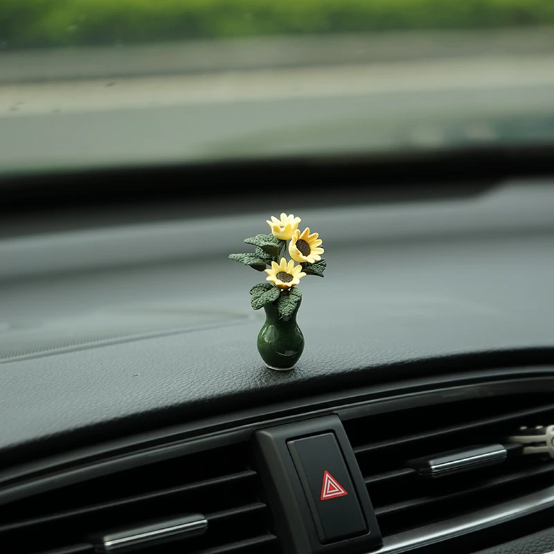 Picture 3: Sunflower Mini Car Decor Ceramic Vase Premium Dashboard Ornament Handmade Clay Art