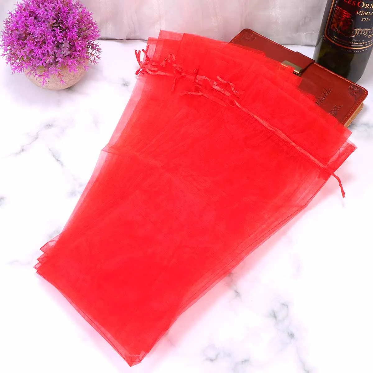 

10 PCS Red Gauze Bag Bottle Gift Bags Fabric for Party Cover with Drawstring