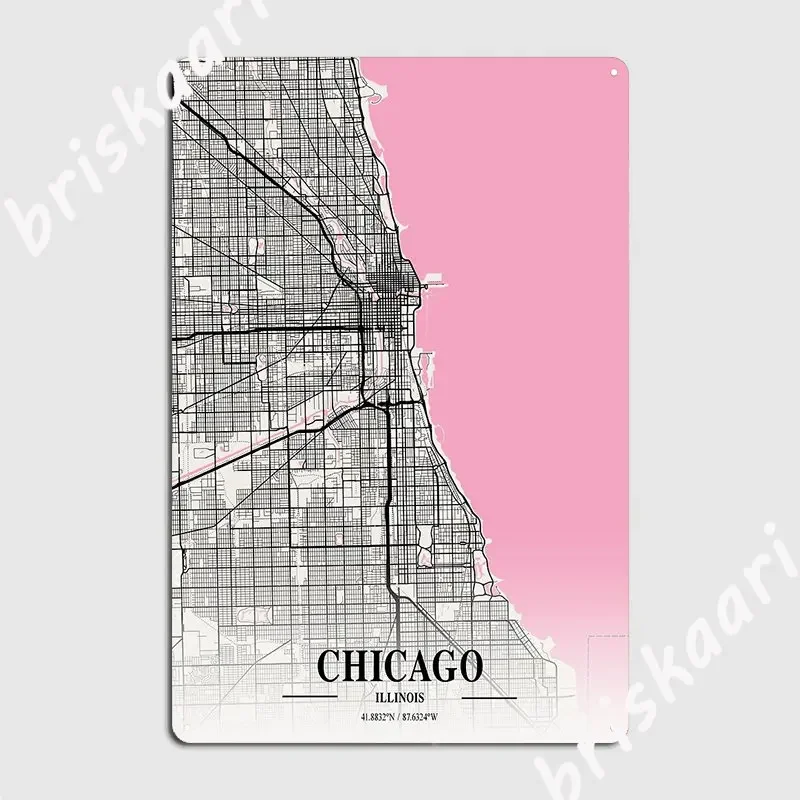 Chicago Neapolitan Style Map Art Poster Metal Plaque Pub Garage Wall Plaque Club Create Tin Sign Poster