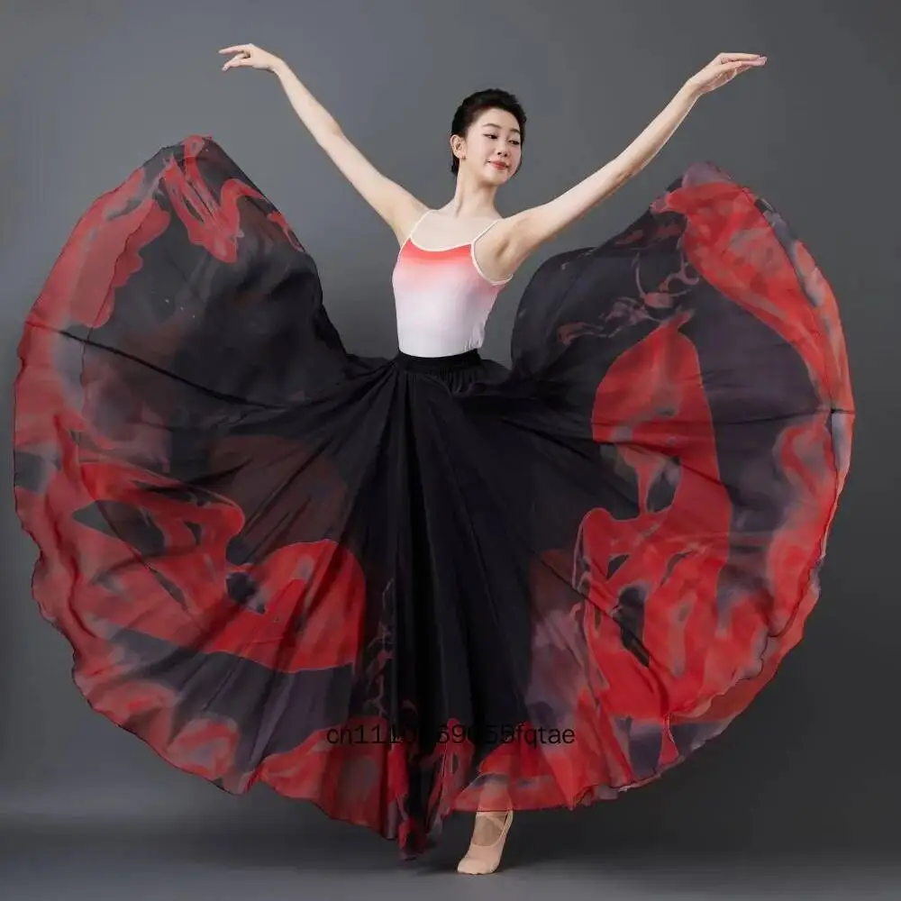 Women's Fire Gradient 900Degrees Large Swing Dance Skirt Flowy Chiffon Stage Performance Costume For Classical & Modern Dance