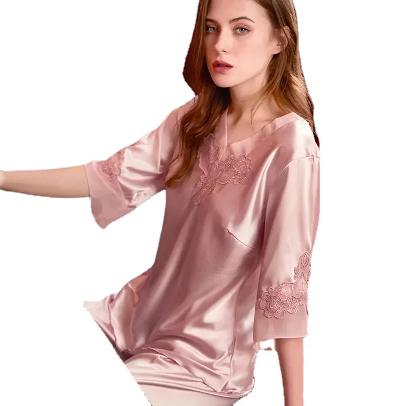 

12811-b5 Sleepwear Long Sleeve Pajamas For Women Satin Silk Pants Set Sexy Pajamas Women's Home Clothes Evening Wear