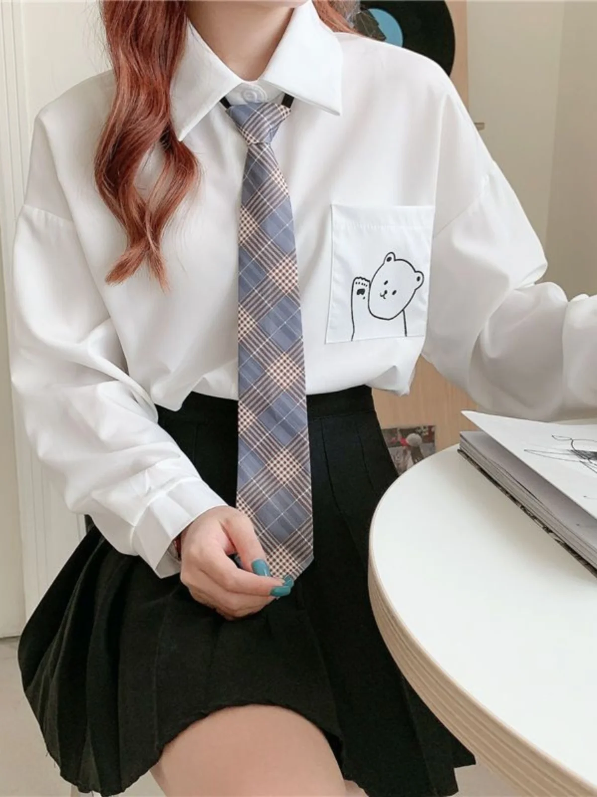 

Campus Style Jk Long Sleeve Loose Bear Print Shirt Commute Inner Wear Spring Summer Collar Button up Casual Shirt