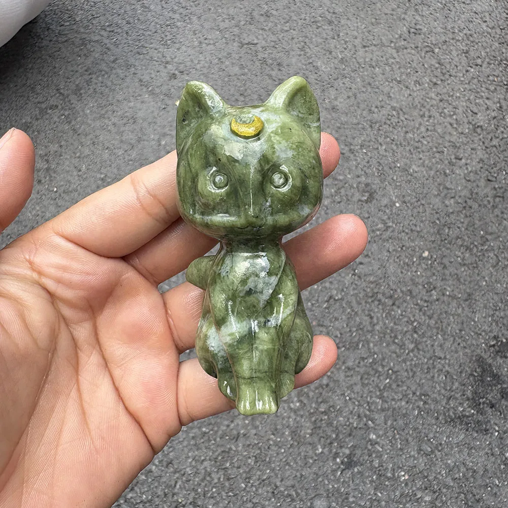 Custom Natural Xiuyan Jade Moon Cat Crystal Carving - 8cm Hand-Carved Gemstone Anime Character Statue