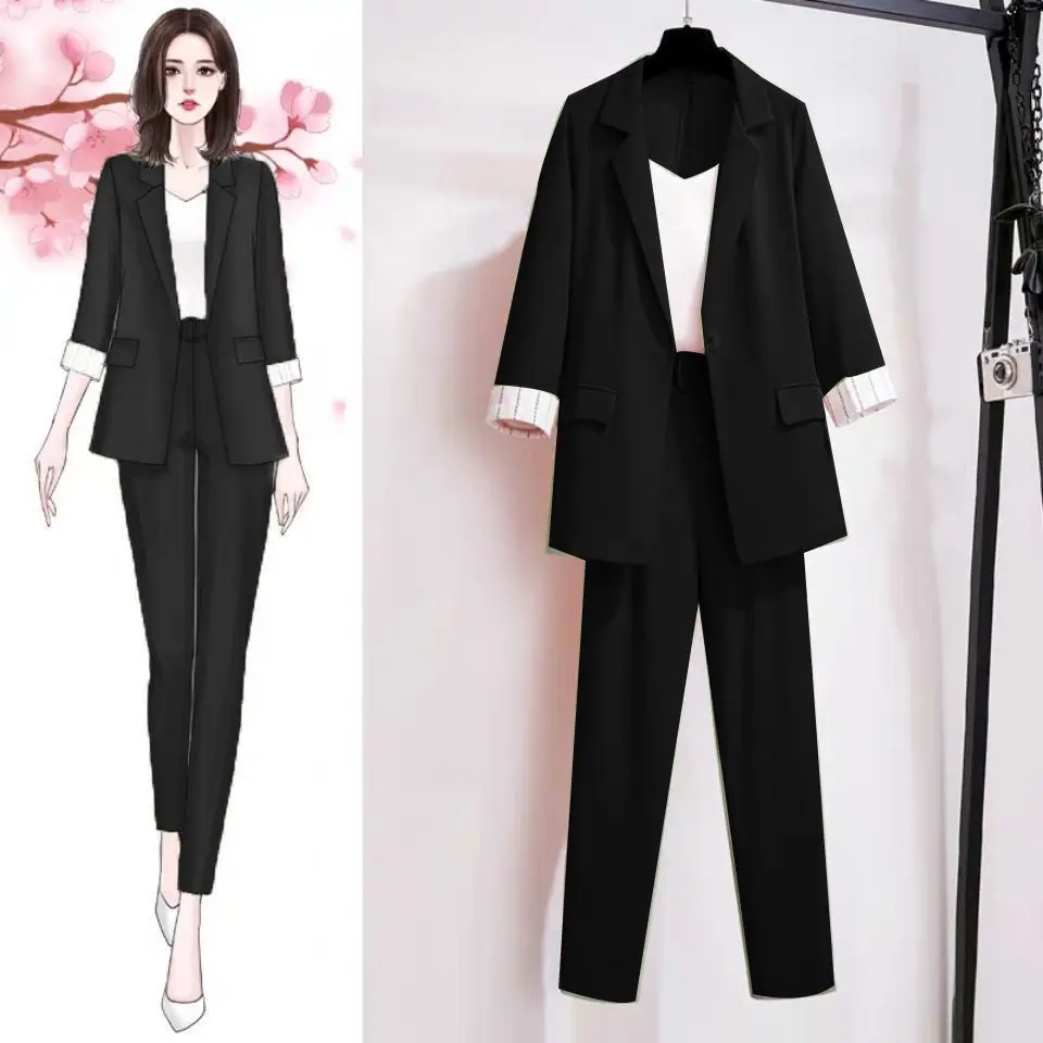 2023 Summer Thin Jacket Blazer Casual Pants White Vest 3pcs Set Elegant Women Pants Suit Office Work Clothes Outfits Tracksuit