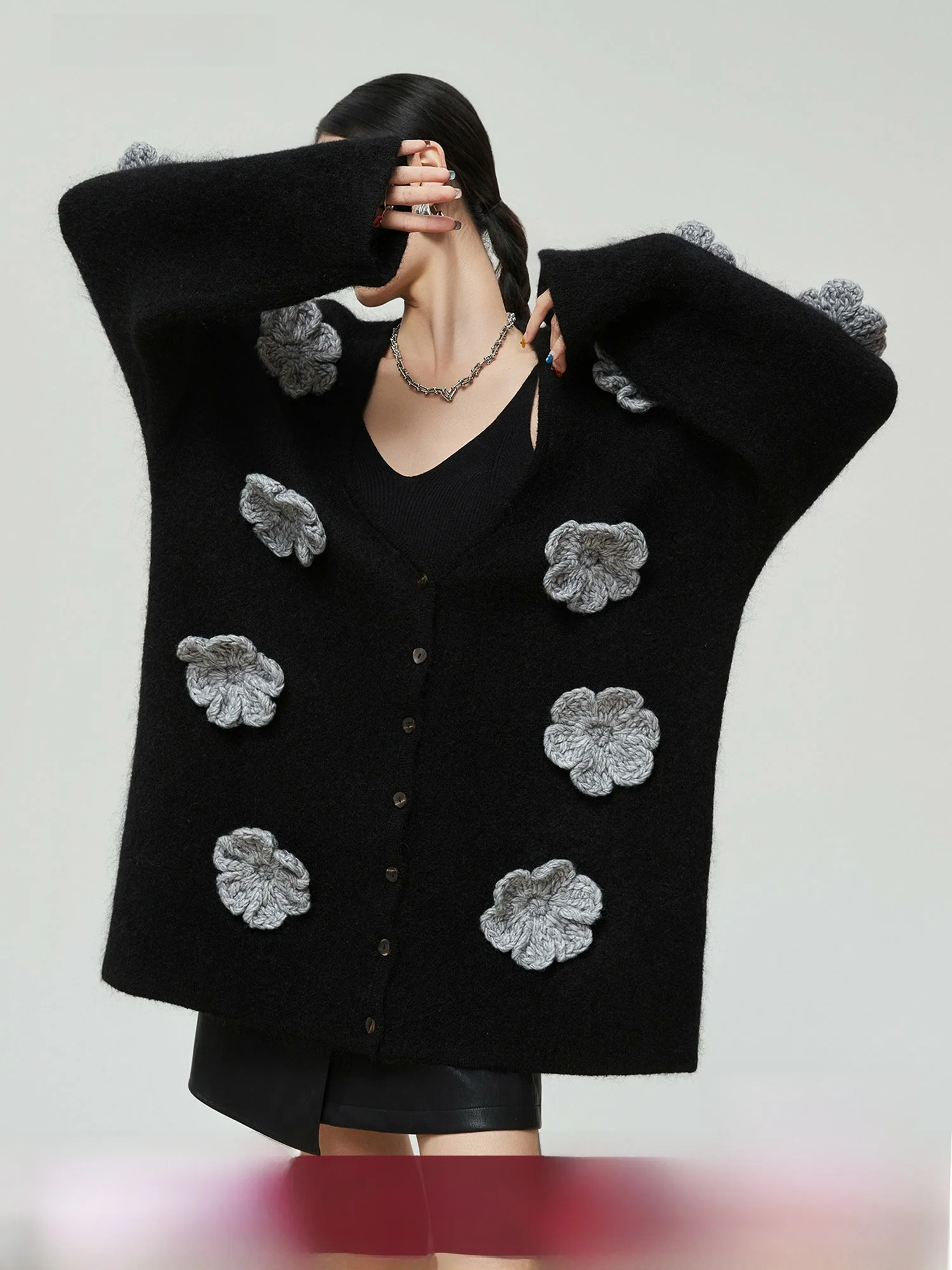 

Bla Knitted Cardigan Women's Loose Long Sve V-Ne Warmth Autumn Winter Sweater Coat 3D Flower Design Comfortable Sle