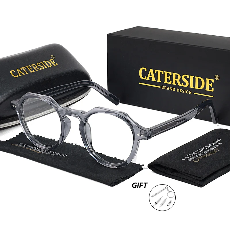 CATERSIDE 레트로 다각형 안경 남성 푸른 빛 차단 TR90 프레임 아세테이트 사원 처방 안경 여성 광학 렌즈