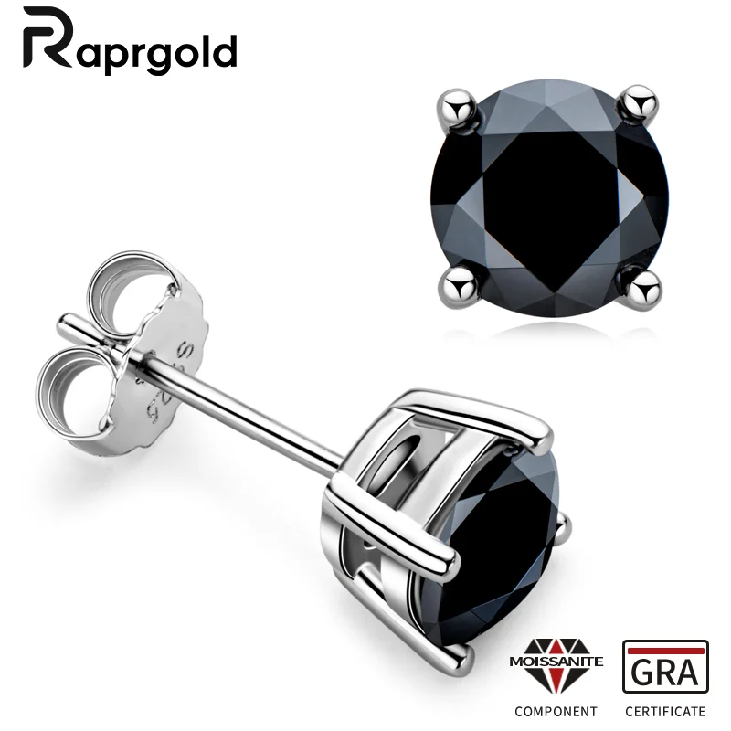 

RAPRGOLD Sparkling Black Moissanite Stud Earring for Women Men S925 Sterling Silver Piercing Earrings Jewelry Gifts Pendientes