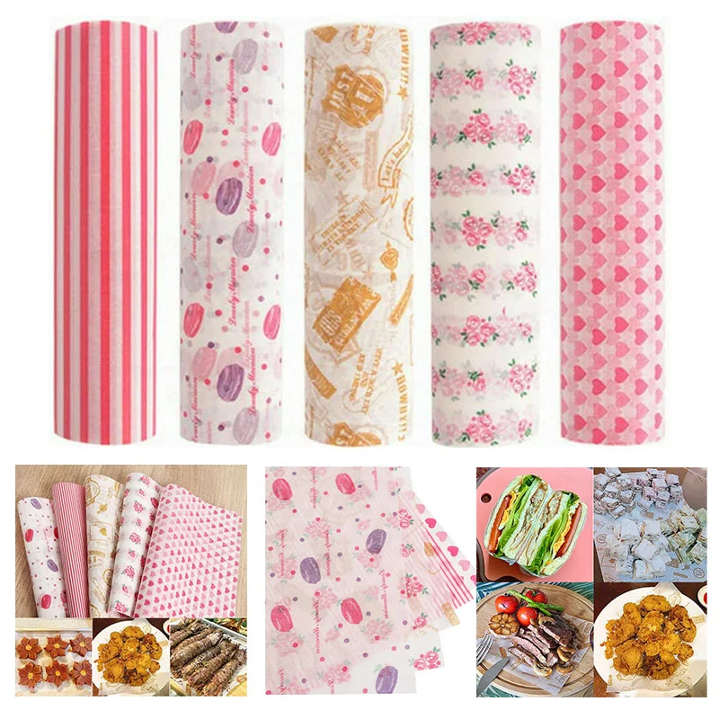 

100Pcs Colorful Patterned Greaseproof Paper Food Wrapping Paper Wax Paper for Baking Sandwiches Hamburgers Snack Basket Liners