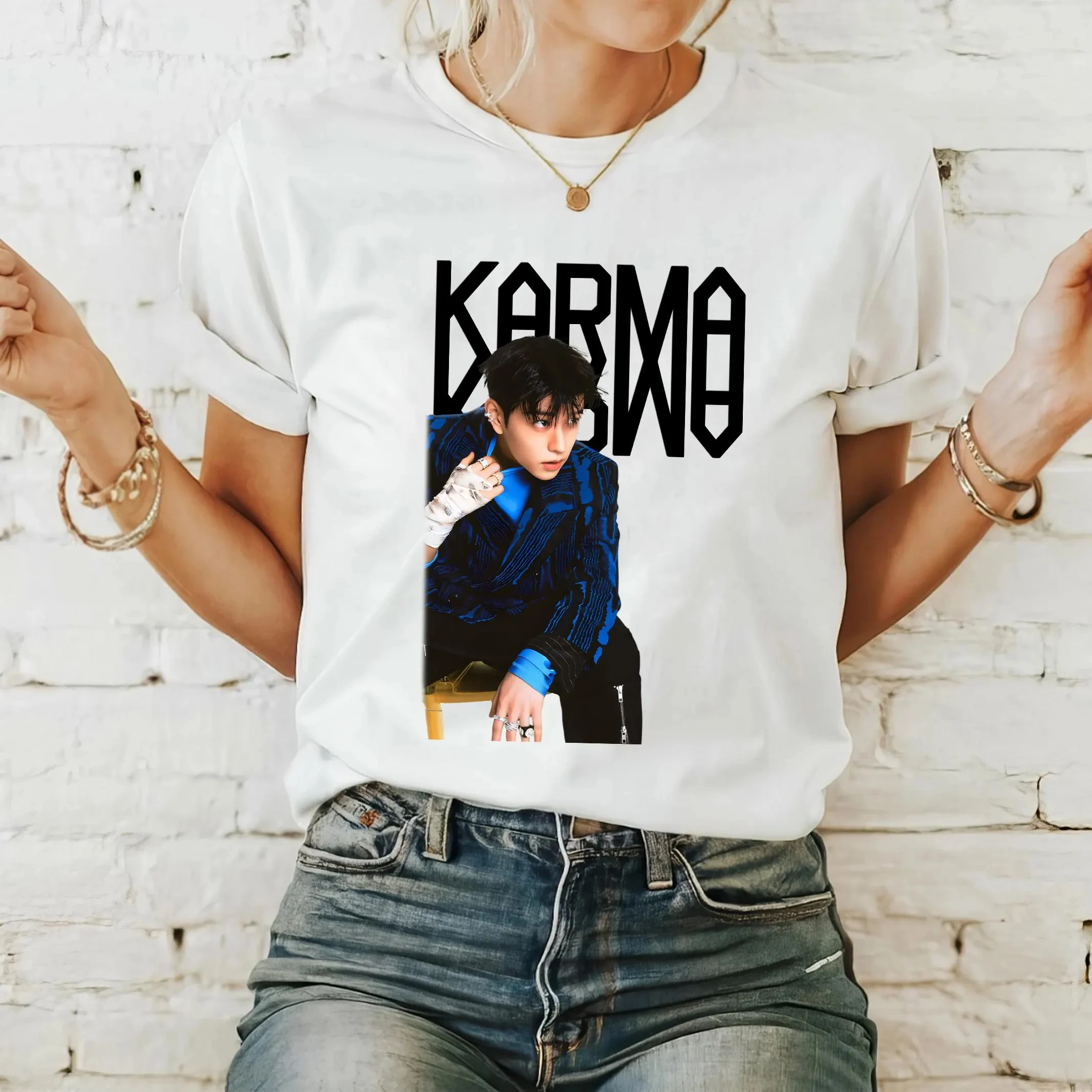 KPOP الألبوم الرابع كارما تي شيرت تشانغبين هيونجين فيليكس الكورية موضة الهيب هوب الرجال والنساء تي شيرت Harajuku بلايز الشارع الشهير