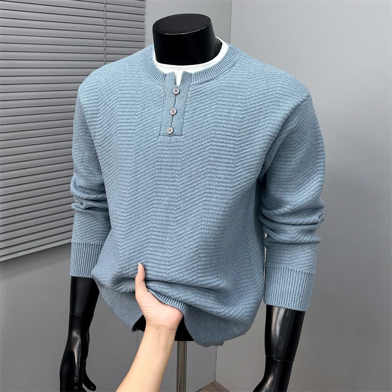 Luxury fake two-piece men's knitted sweater thickened comfort warm new winter spliced round neck youth fashion casual pullover