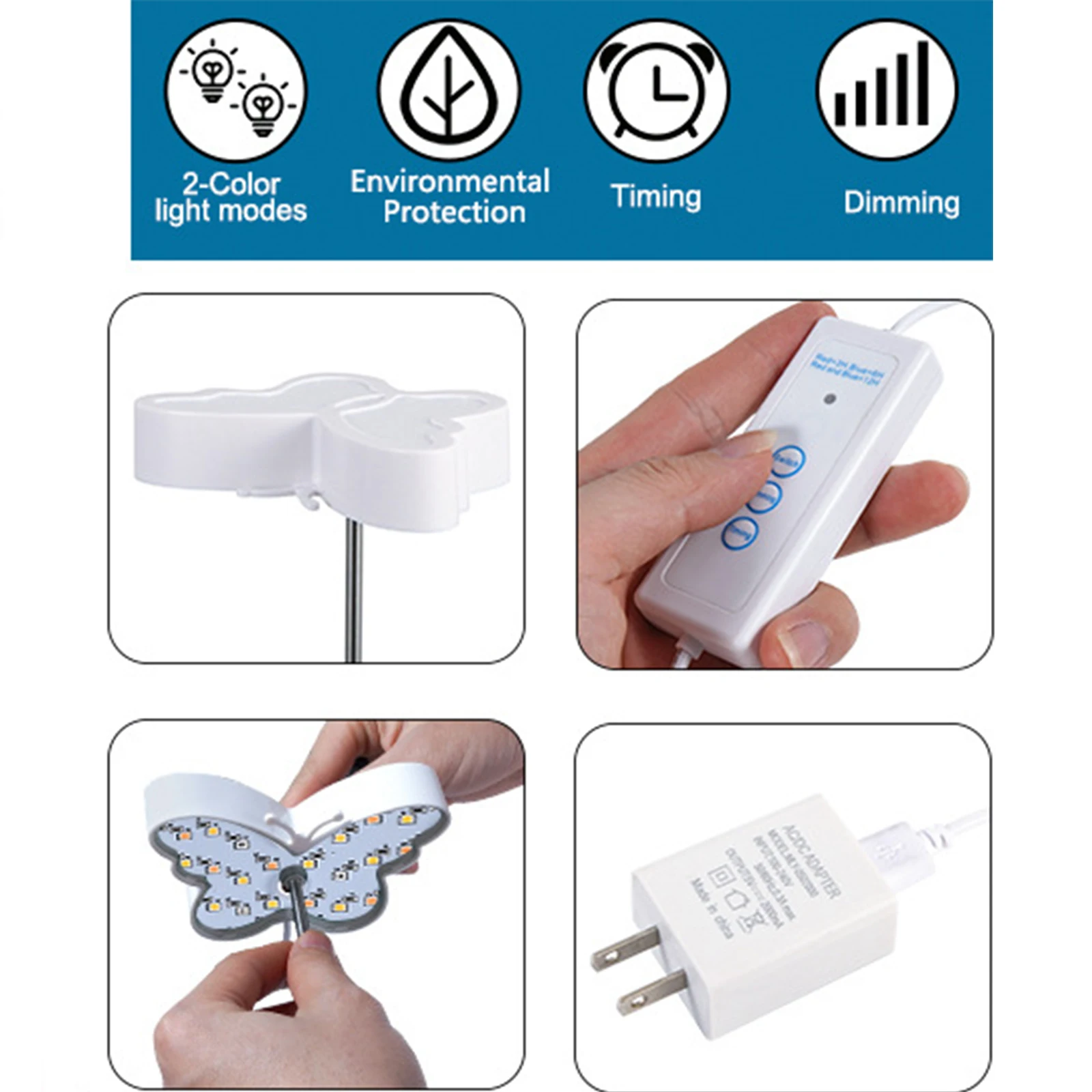 Full Spectrum Plant Grow Lights Colorful Butterfly 2LED Cycle Timing Plant Lamp Succulent Fill Light 350lm Adjustable Brightness