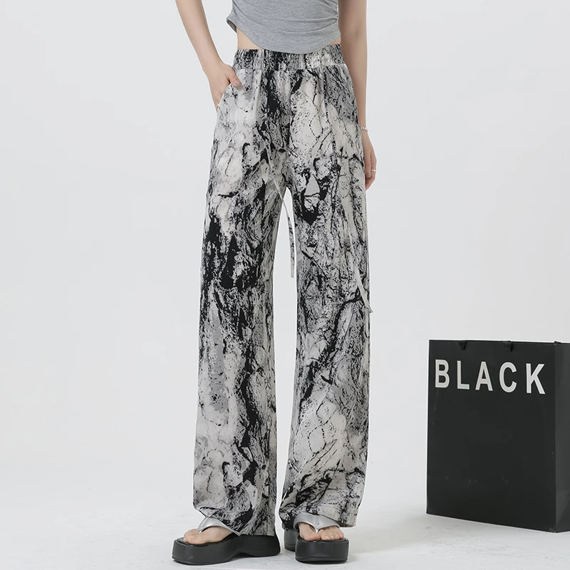 

Casual Ink Painting Ice Silk Wide Leg Pants Korean Fashion Slim Fit White Black Tie Dye Pants Abstract Art Sexy Flared Trousers