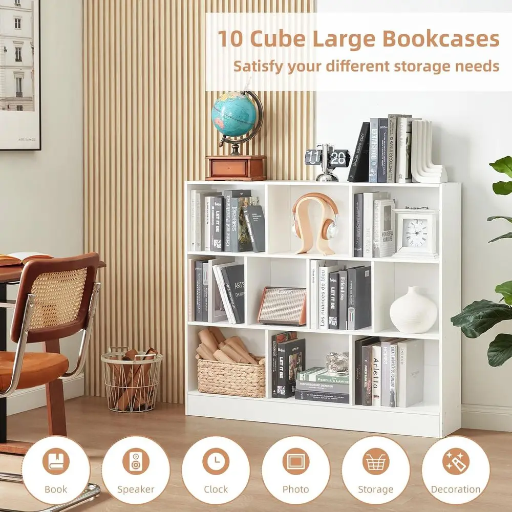 10 Cube 3 Tier Horizontal Wooden Bookcase for Storage and Display in Bedroom, Living Room, Office view 3