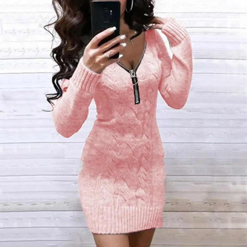 Women Sexy Slim Fit Knitted Sweater Dress Spring New V-neck Zip Long Sleeve Pullover Jumper Solid Casual Lady Mini Party Dresses