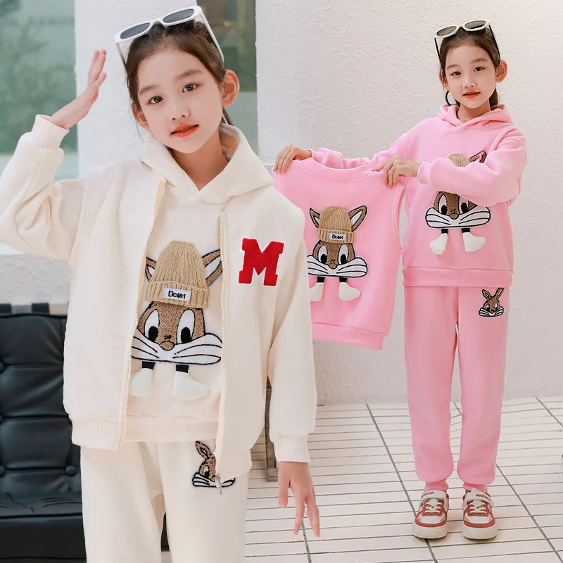 Winter Girls 3D Flocking Cartoon Zip Fleece Waistcoat+Sweatshirt+Pant School Kids 3PCS Tracksuit Child Outfit Jogger Set 5-14Yrs