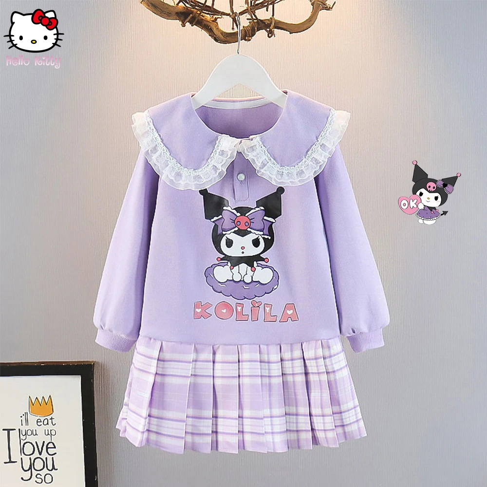 Spring Kid Jk Uniforms Pleated Skirt Sanrios Anime 2024 Kuromi Cute Fashion Fake Two Pieces Kawaii Princess Dress Colleges Style