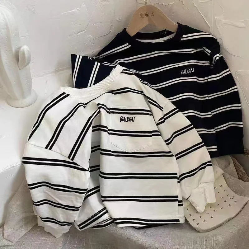 Korean Version Children\'s Cotton Bottom Shirt Baby Minimalist Striped Embroidered T-shirt Boys And Girls striped Cotton Top Kids