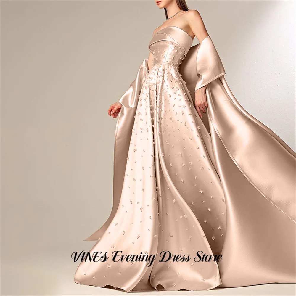 Vestido de noche VINES Champagne, vestido de fiesta sin tirantes, con cuentas brillantes, línea A, vestidos de fiesta, capa de satén, vestidos de graduación personalizados