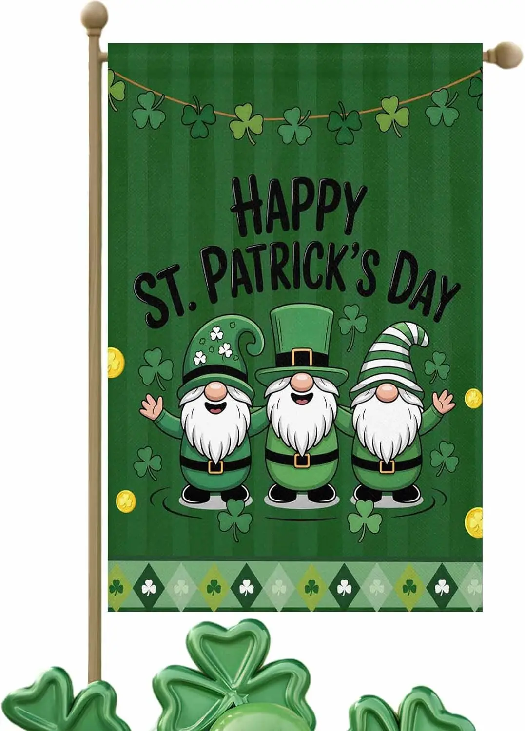 St. Patrick's Day Garden Flag 28x40 Inch Double Sided Gnome Four-Leaf Hat Gold Coin Spring Yard Flags Outside Banners fo AAS
