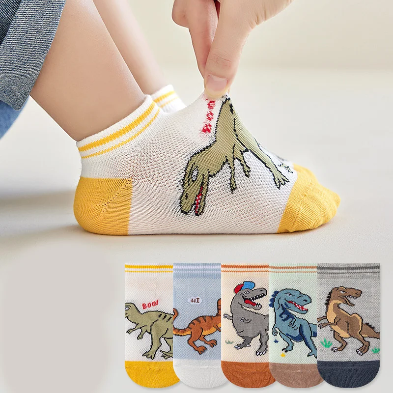 Padrão de dinossauro infantil meias, respirável, confortável, casual, meninos, 5 pares