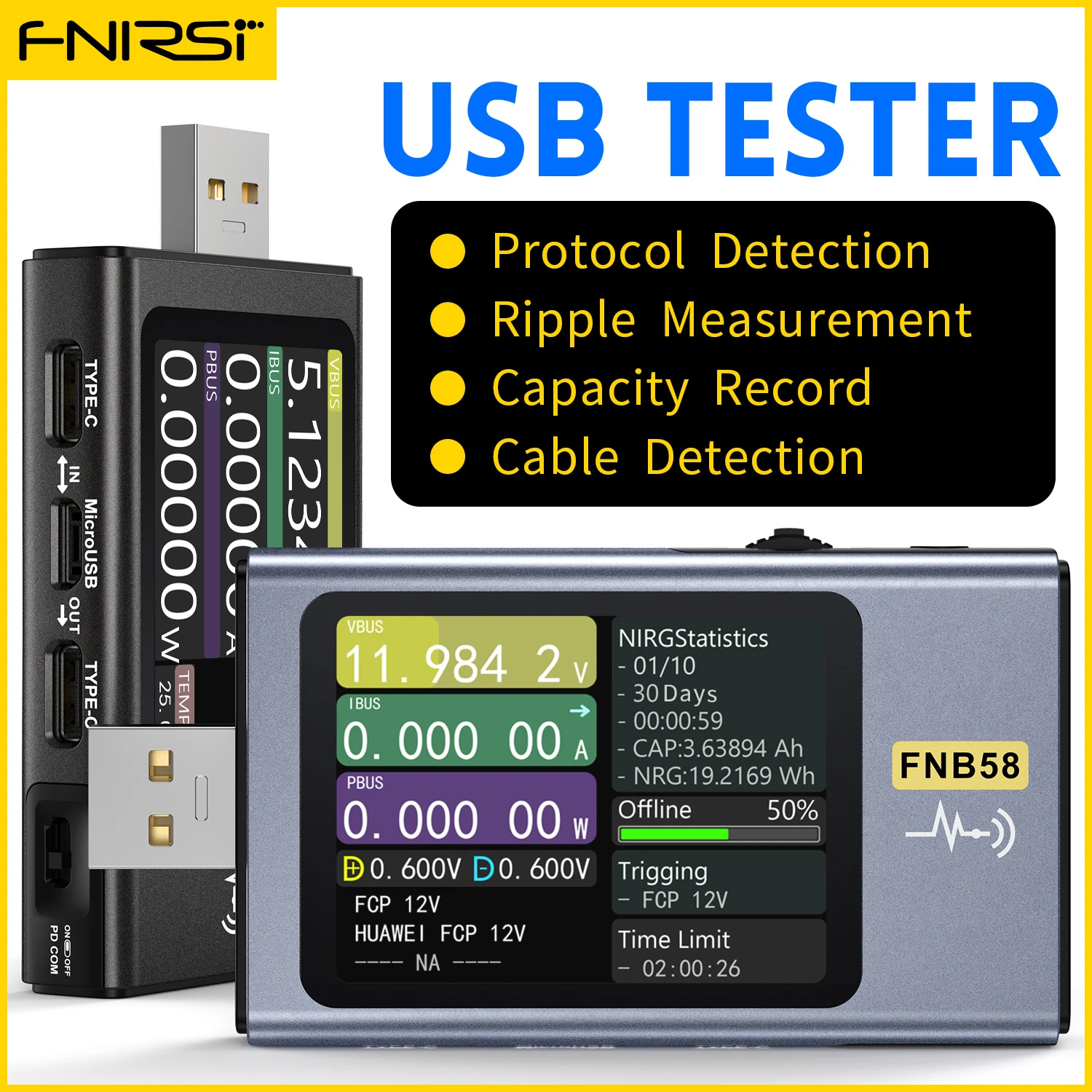 Testa e misura con precisione: Il tester FNB58 di FNIRSI per caricatori e dispositivi USB-C