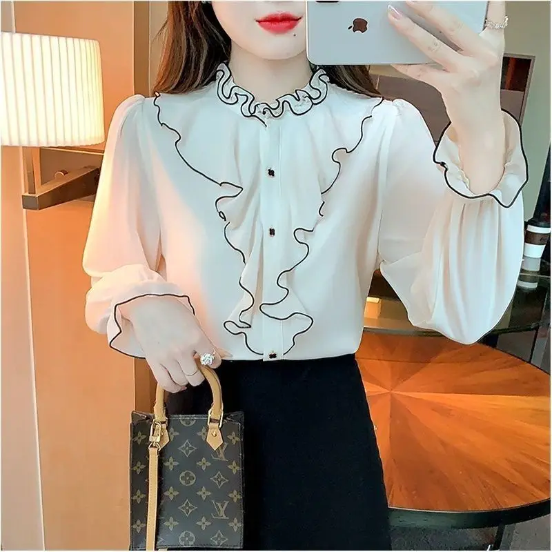 Elegant Fashion Ruffles Spliced Solid Blouse Autumn All-match Long Sleeve Casual Ruffled Neck Chiffon Shirt Women's Clothing