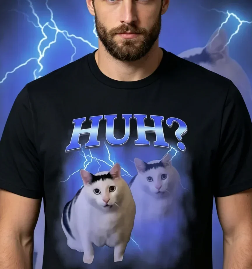 Men'S Funny Huh Silly Cat Meme T-Shirt Bolt Humorous HUH Graphic Tee for Parties Round Neck Shirt for Men (, All-Season Fit)