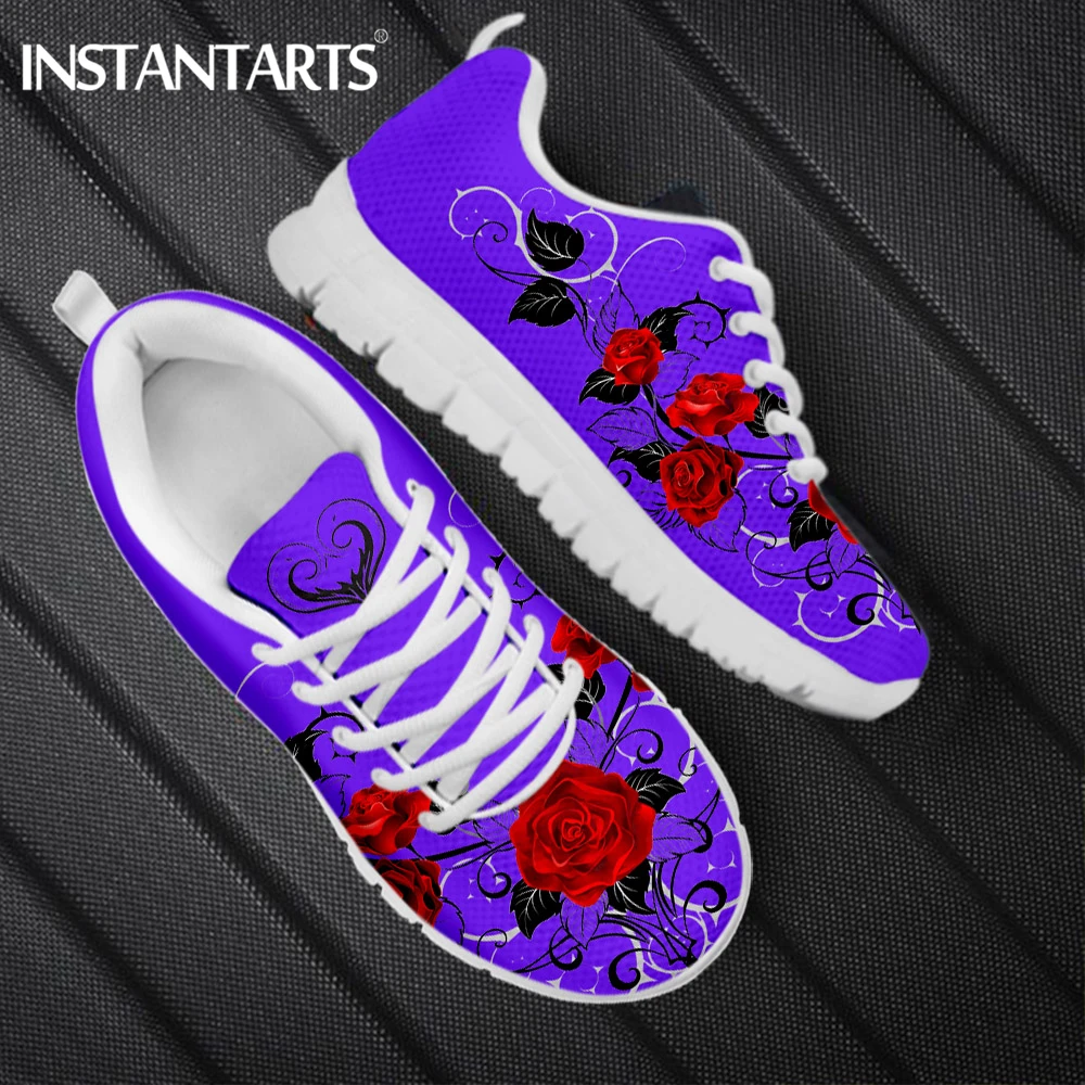 Gothic Rose Flower Printed Sneakers For Women Breathable Ladies Sport Flat Shoes Casual Vulcanize Shoes Ultra Light
